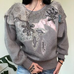 unique 80’s one-of-a-kind gray mohair blend multi medium avant-guard sweater